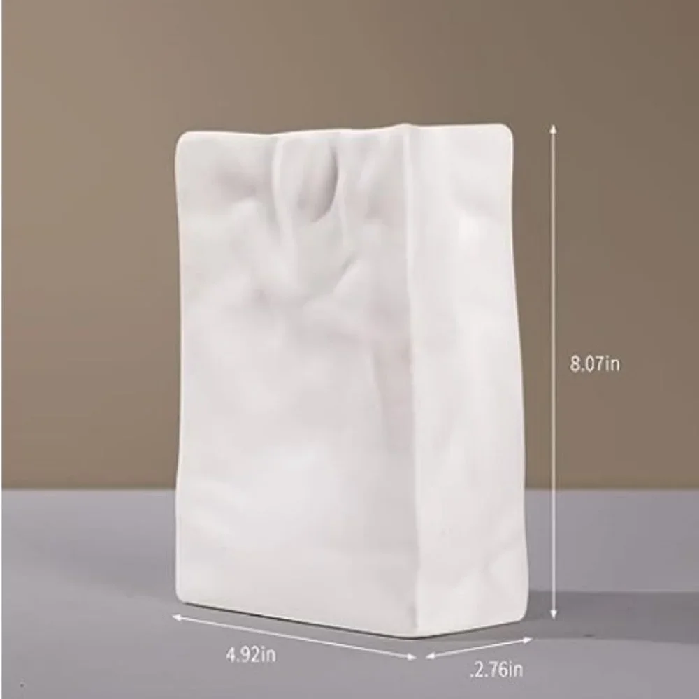 Crinkle Paper-Bag Shaped Ceramic Vase  (Matte White)